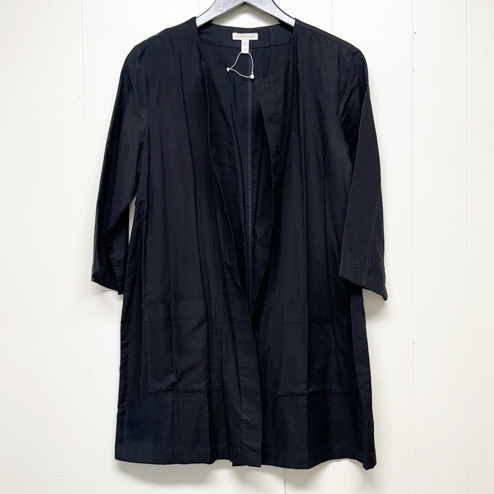 EILEEN FISHER Lightweight 100% Cotton Open Jacket Front Pockets Black M